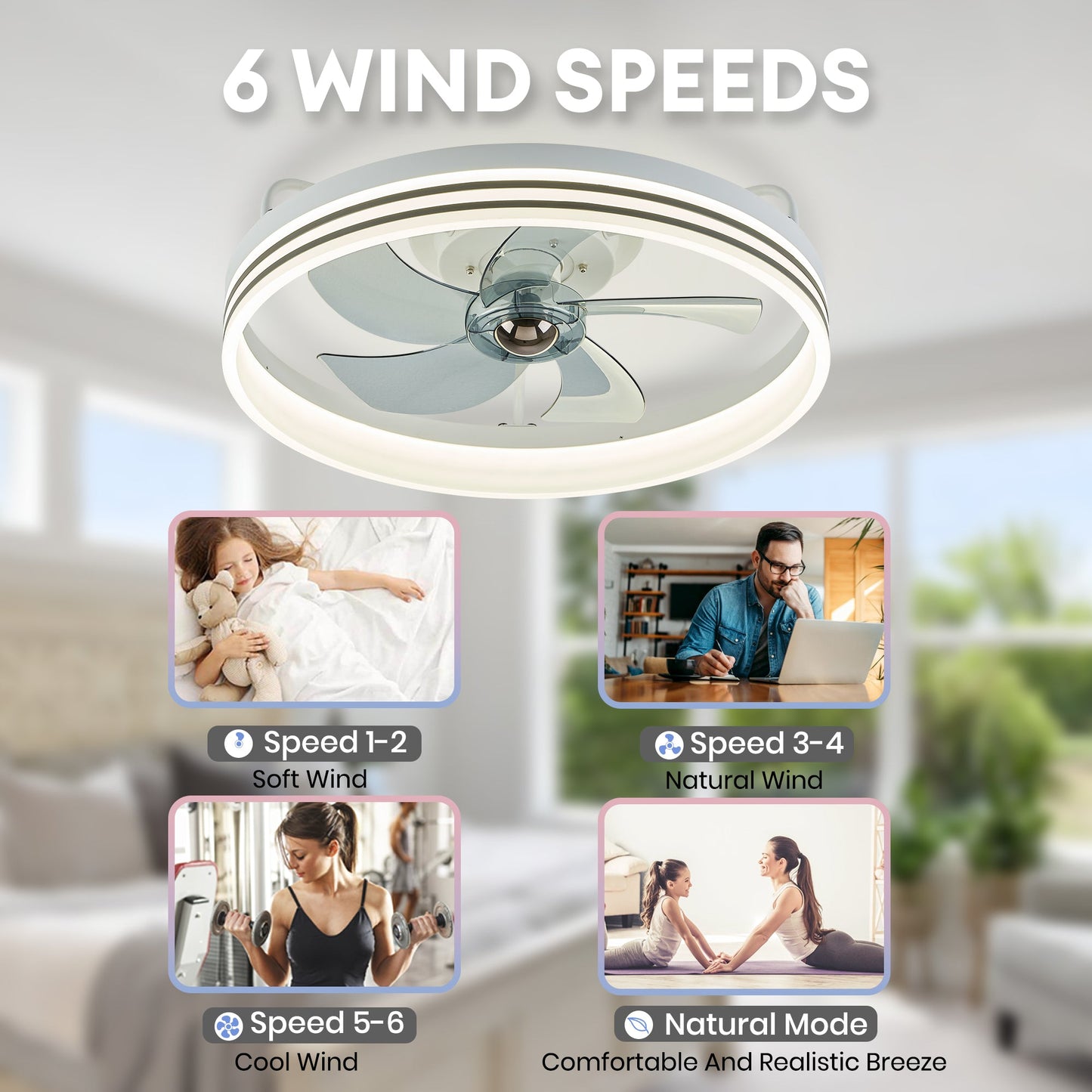 Smart Low Profile White Ceiling Fan for Bedroom