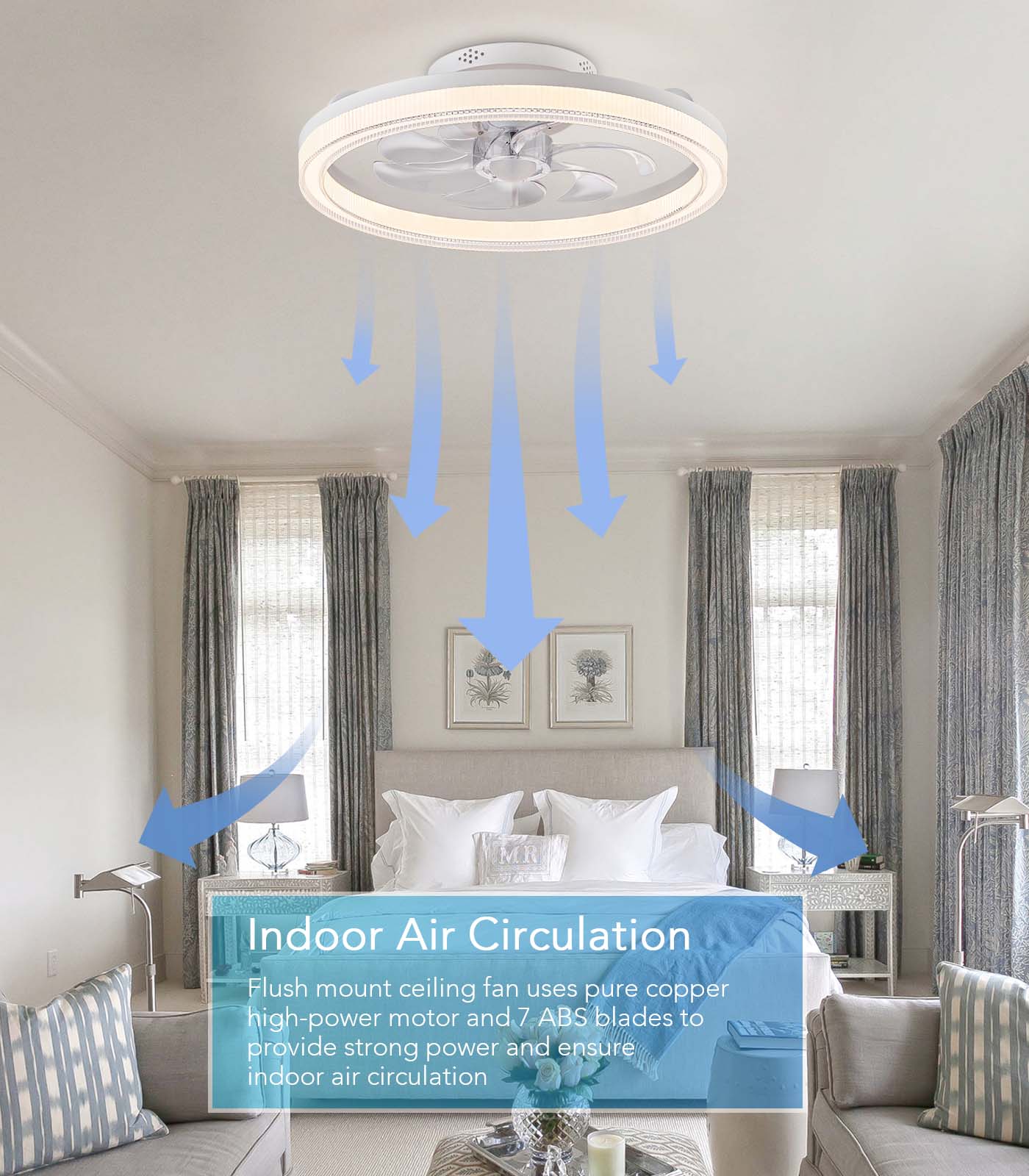 Fandelier Flush Mount Ceiling Fan 3 Color Changeable for Bedroom