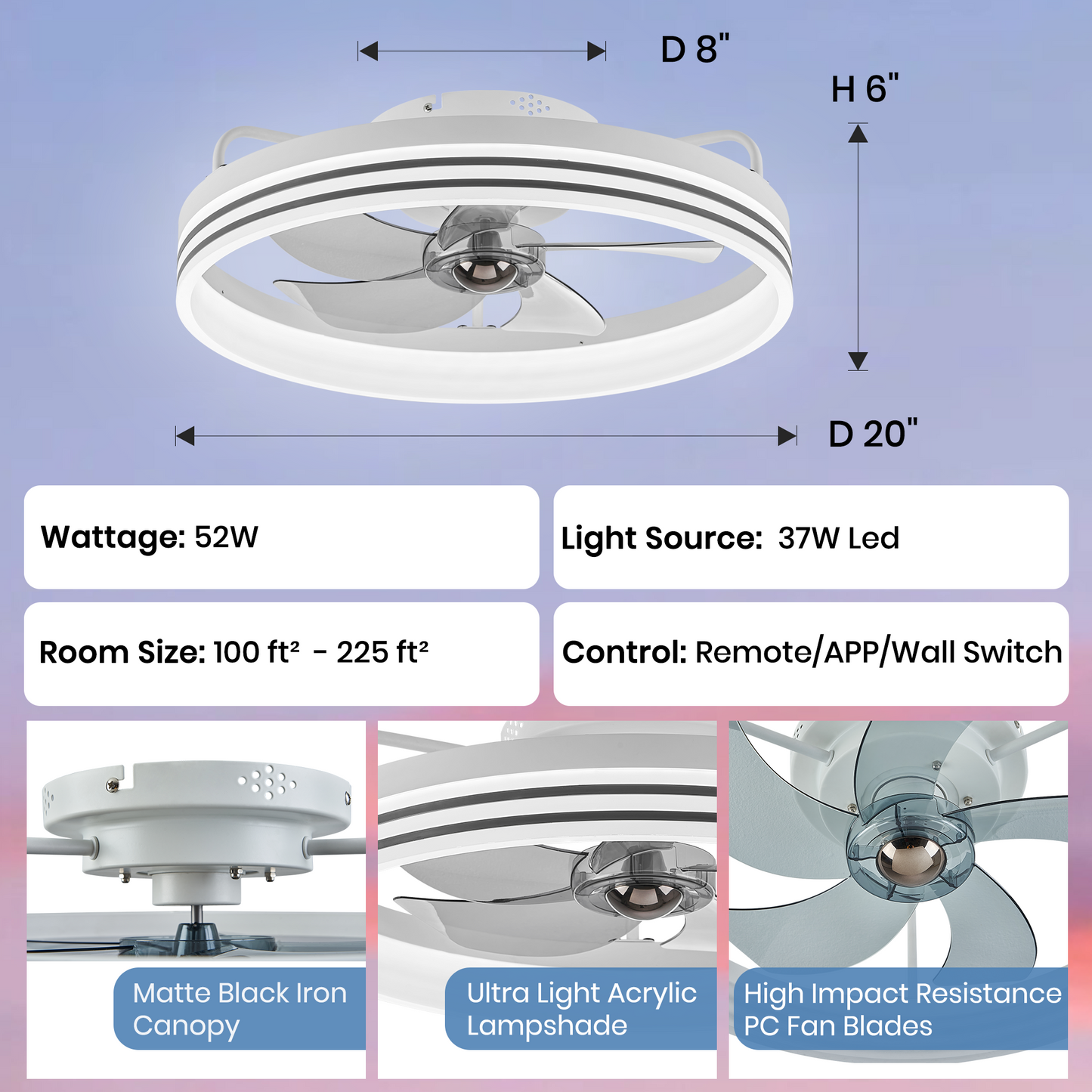 Smart Low Profile White Ceiling Fan for Bedroom