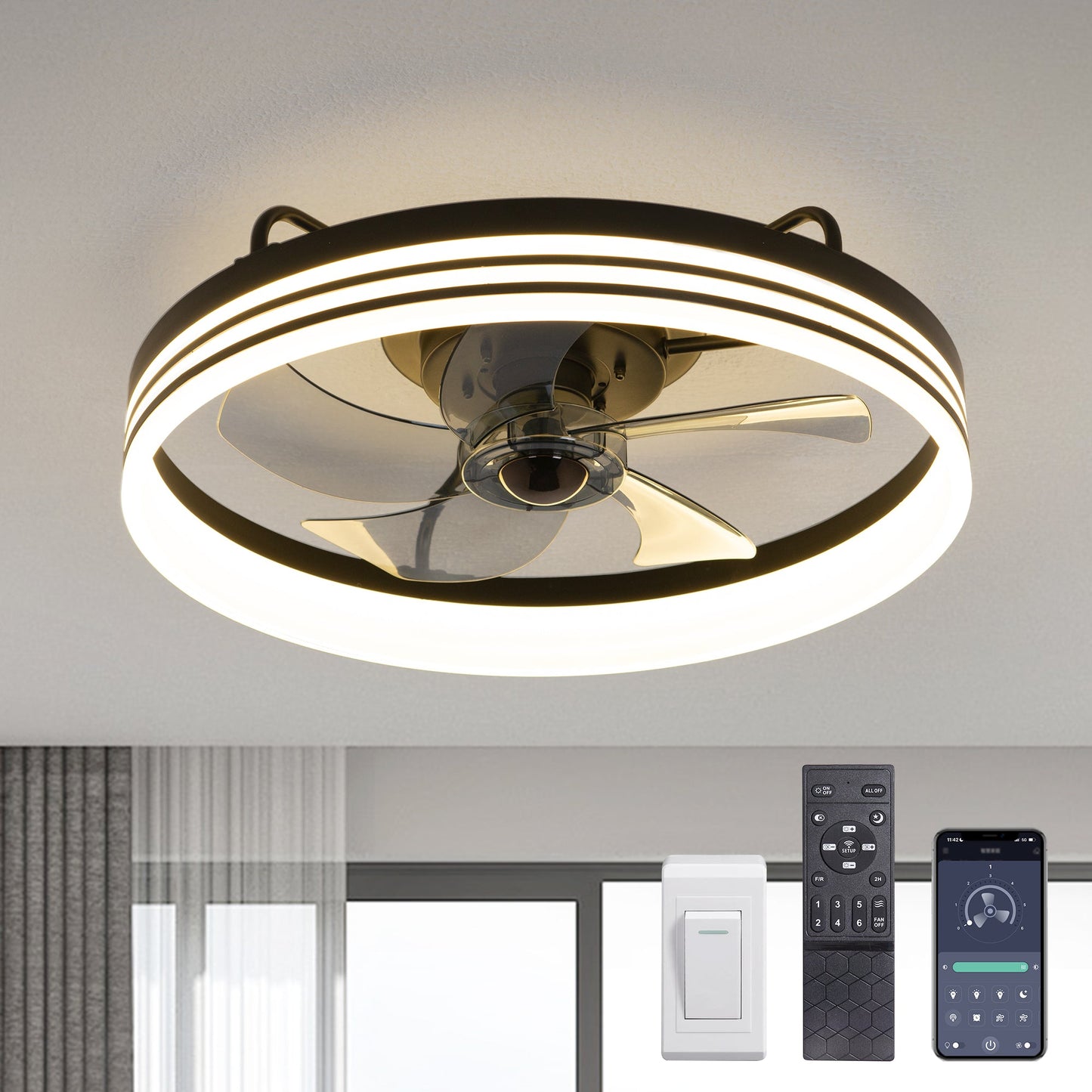 Black Smart Low Profile Ceiling Fan