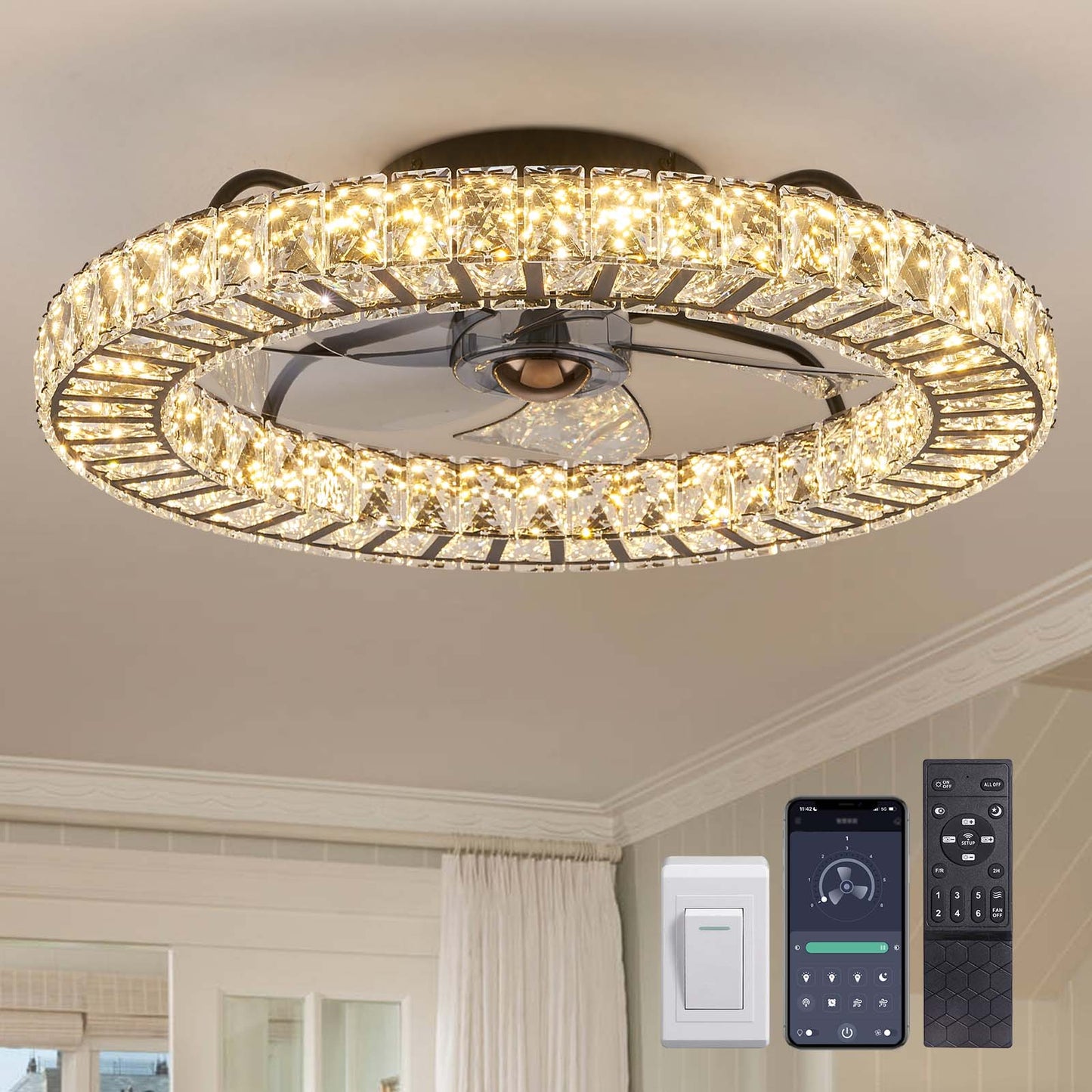 22" Modern Crystal Chandelier Ceiling Fan with Smart 4-Light Color Change
