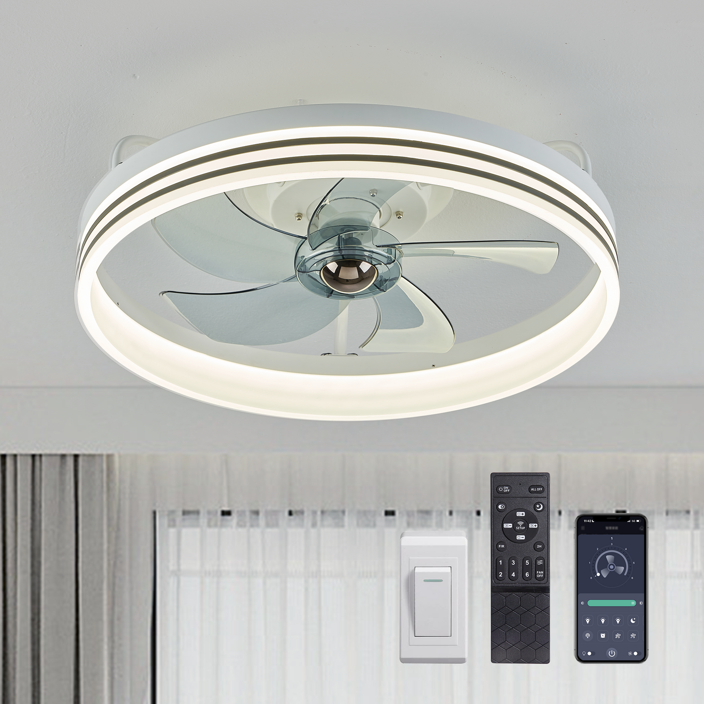 Smart Low Profile White Ceiling Fan for Bedroom