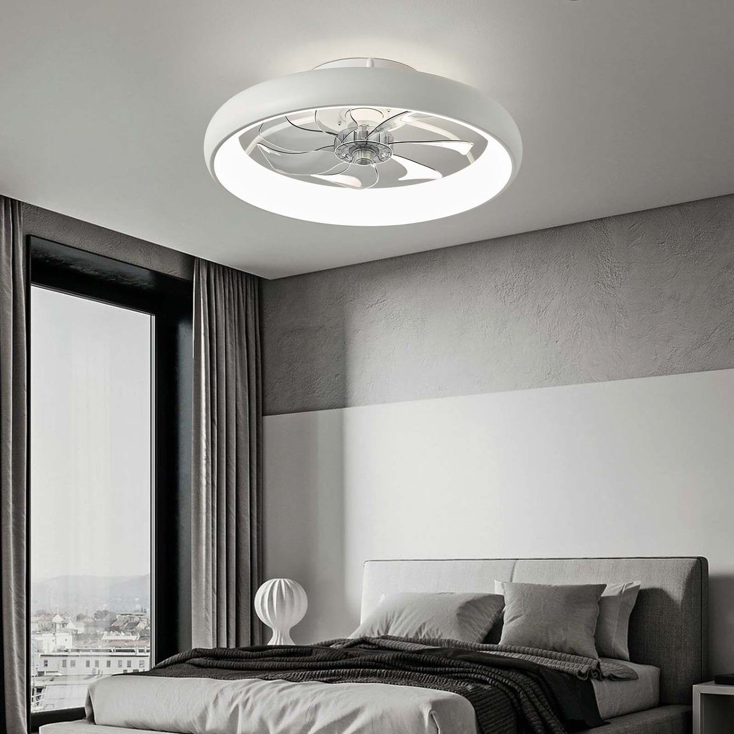 20'' White Low Profile Flush Mount Ceiling Fan with Lights