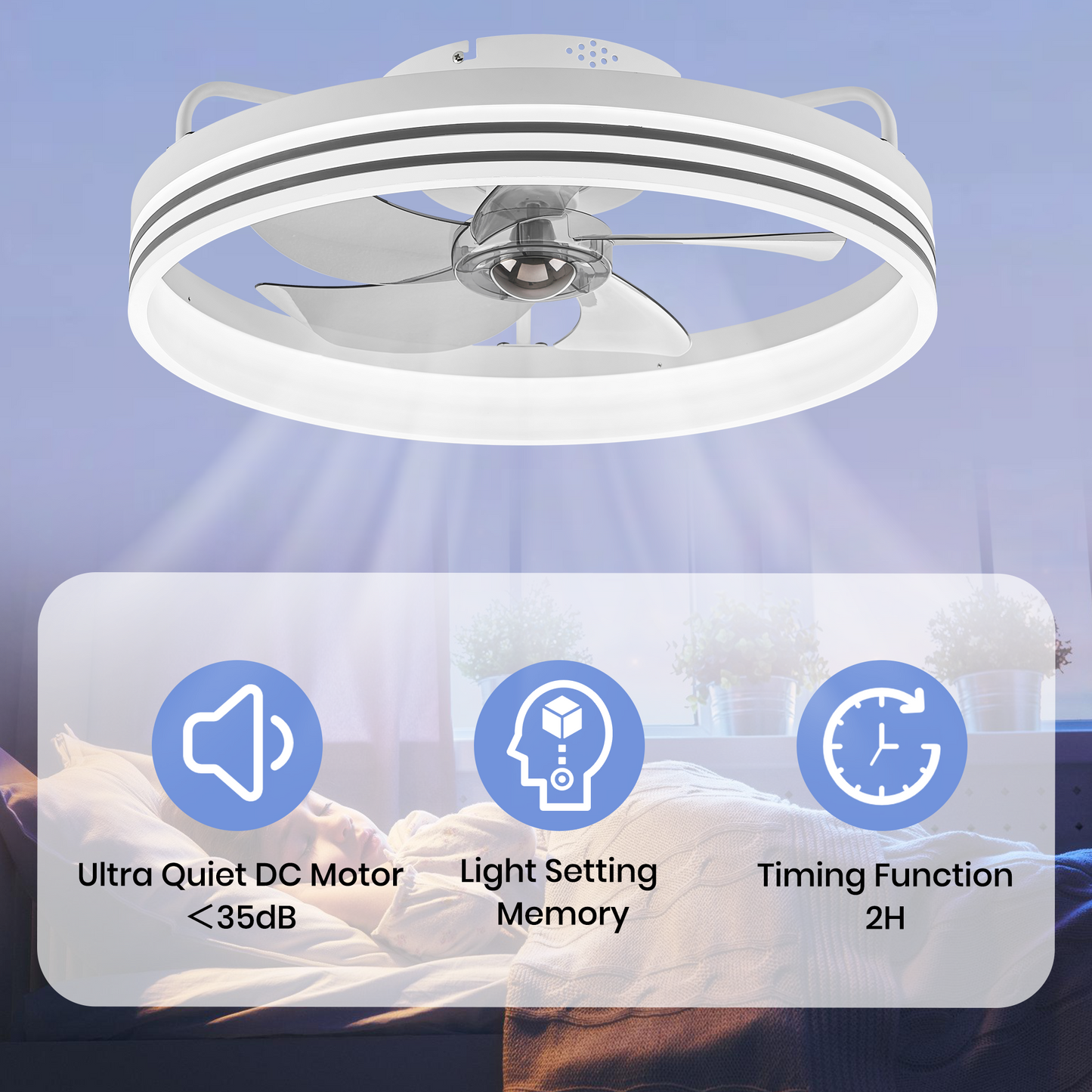 Smart Low Profile White Ceiling Fan for Bedroom