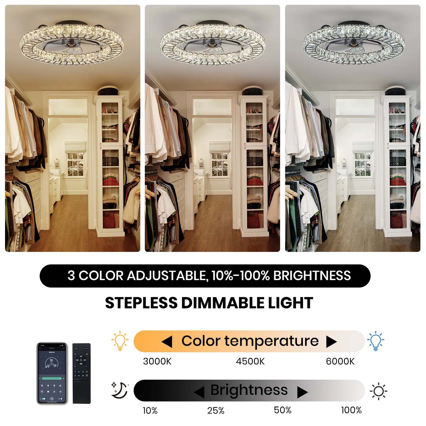 22" Modern Crystal Chandelier Ceiling Fan with Smart 4-Light Color Change