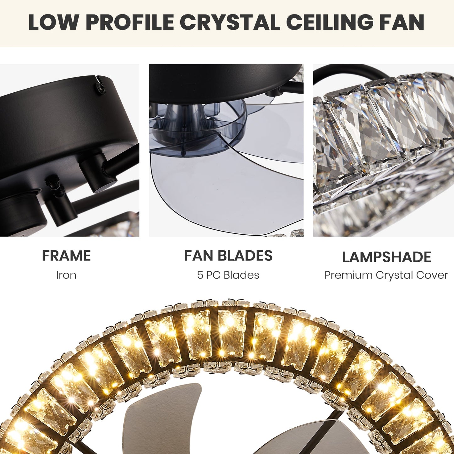 22" Modern Crystal Chandelier Ceiling Fan with Smart 4-Light Color Change