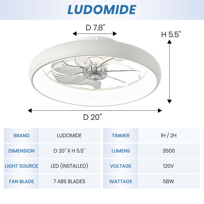 20'' White Low Profile Flush Mount Ceiling Fan with Lights