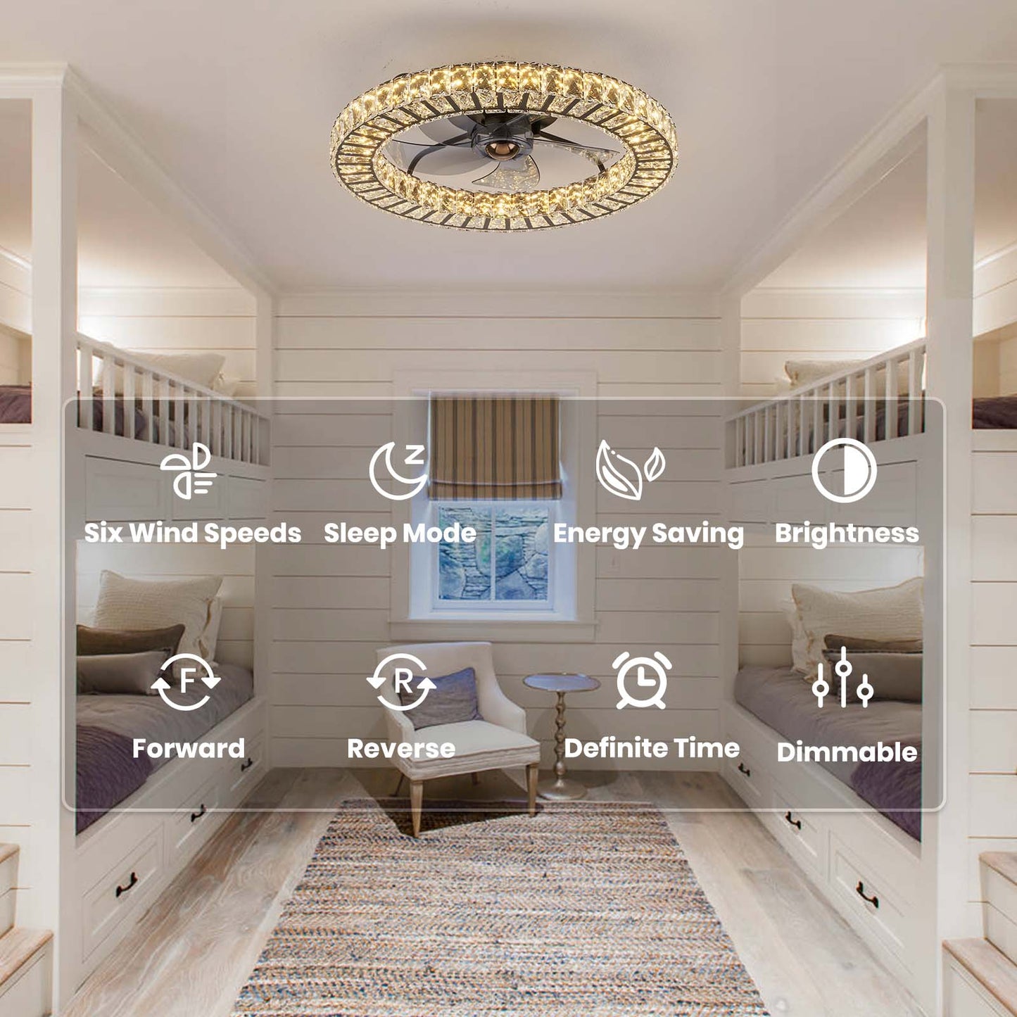 22" Modern Crystal Chandelier Ceiling Fan with Smart 4-Light Color Change