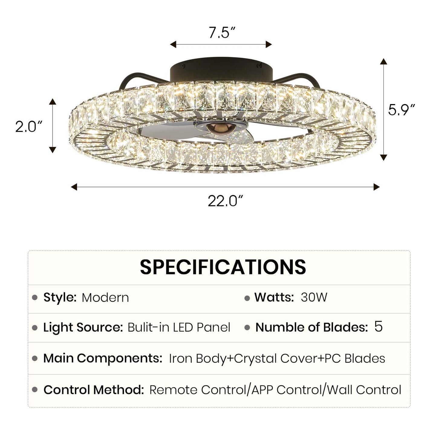 22" Modern Crystal Chandelier Ceiling Fan with Smart 4-Light Color Change