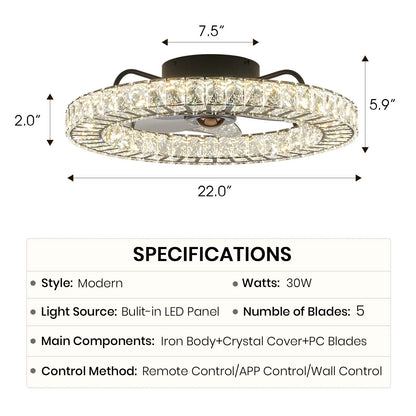 22" Modern Crystal Chandelier Ceiling Fan with Smart 4-Light Color Change